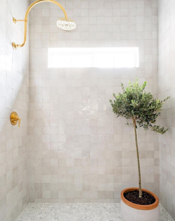 Pure white 4x4 square zellige tile installed in a standing shower